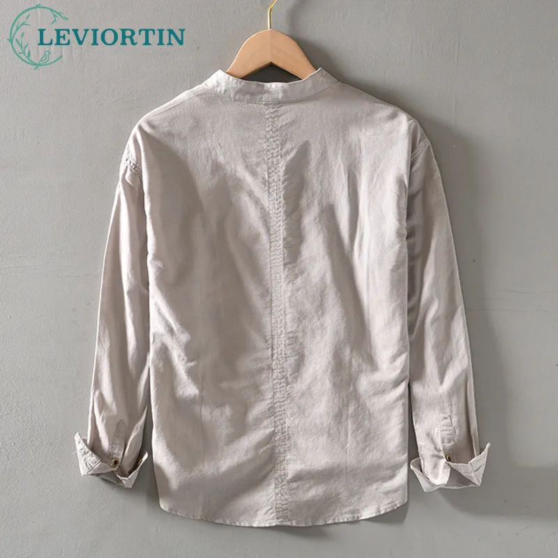 Casual Cotton Linen Shirt Men Spring Fashion Stand Collar Long Sleeve Japan Style Plain Blouse Breathable Daily Tops M-4XL