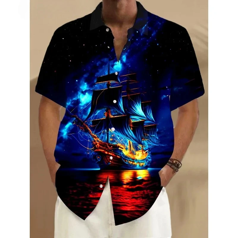 Men's Dreamy Village Pattern Lapel Shirt 3D Printed Hawaiian Style Flower Bird Boat Motif Short Sleeve Fashion Button Blouse