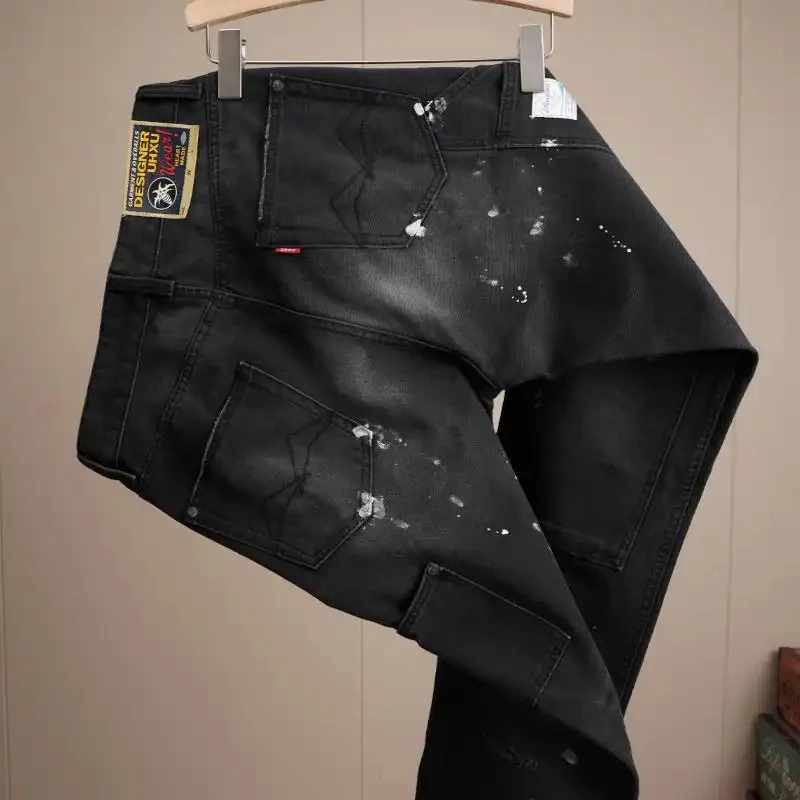 2026 Autumn New American Vintage Ink Print Design Heavy Denim Pants For Men Loose Straight Cut Street Style Cargo Trousers