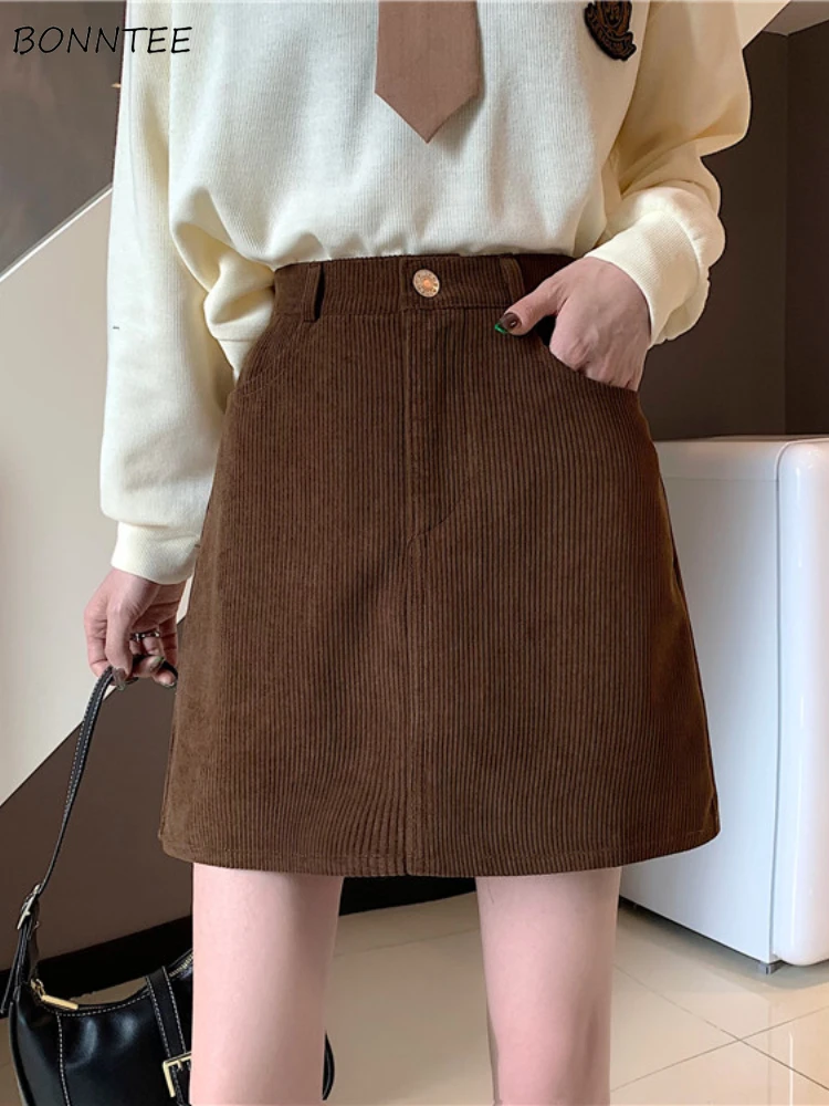 Corduroy Skirts Women Solid Simple Casual A-line Wrapped Hip Preppy Japanese Harajuku Cleanfit Faldas Mini Skirt All-match Ins