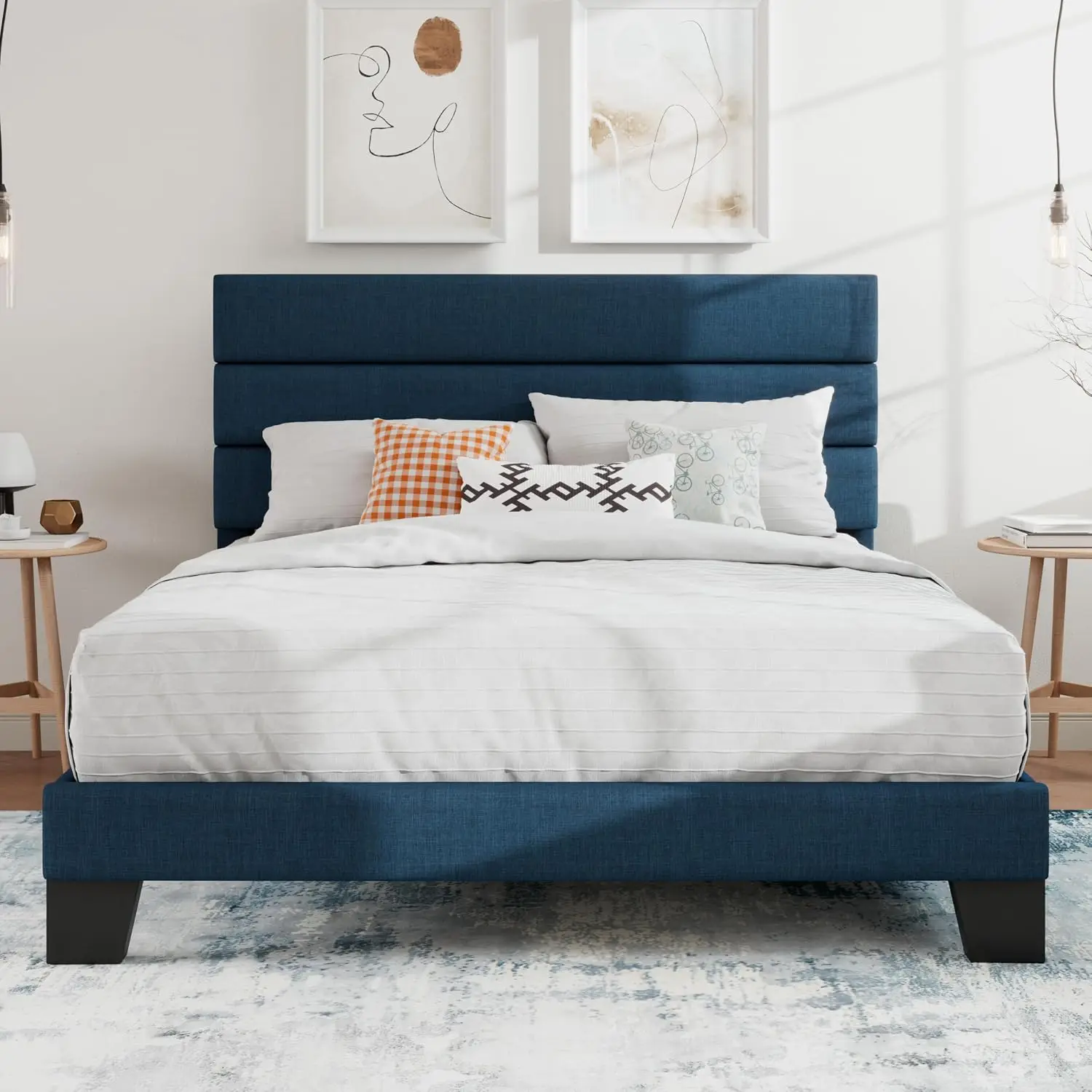 Full Platform Bed Frame with Upholstered Fabric Headboard, Blue, Customized