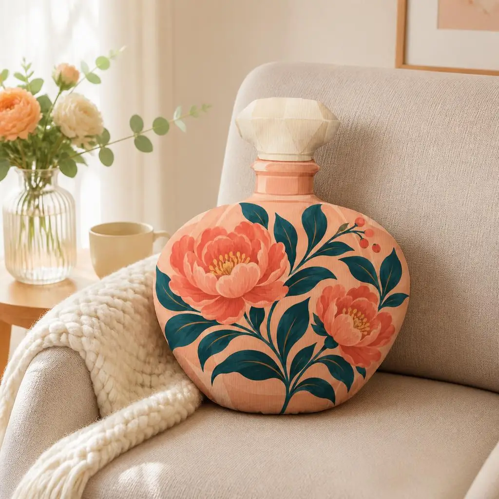 Floral Perfume Bottle Throw Pillow Shaped Stuffed Cushion Vanity Home Decor Plush Pillow for Sofa Bedroom Housewarming Gift