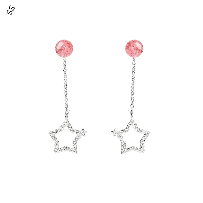 

Fashion Ladies Daily Garment Accessories Studs Natural Strawberry Crystal Earrings with Stars Pendant Ear-line Two Wear