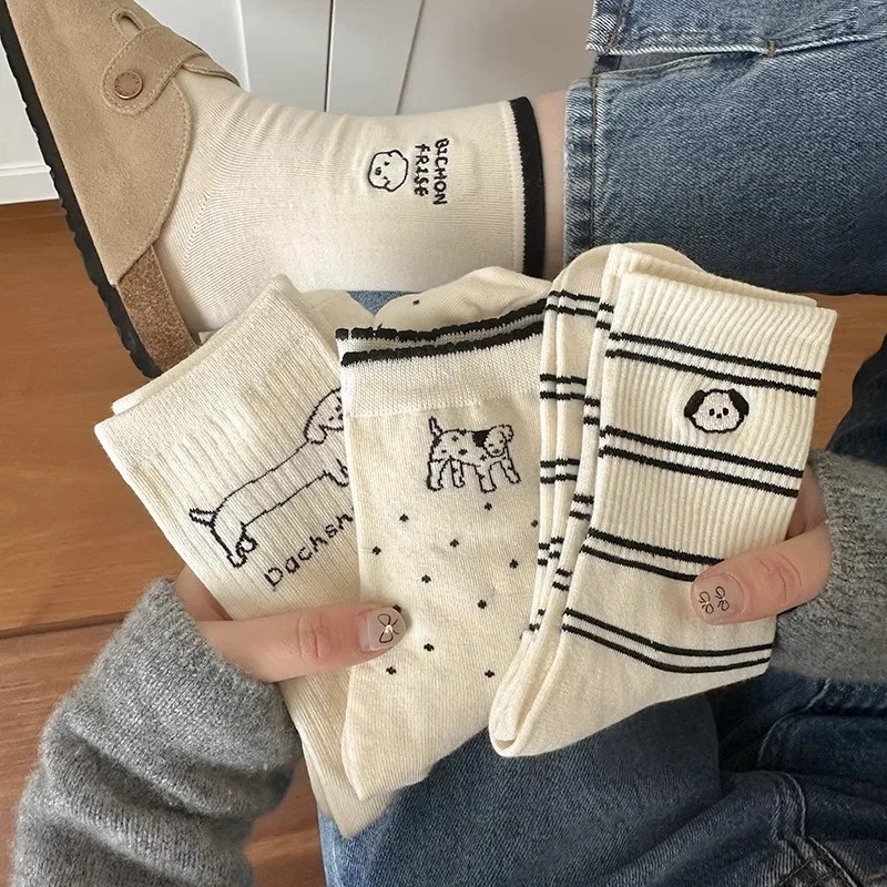 Calcetines de algodón puro a rayas para mujer, medias de longitud media de alta calidad, con diseño de perro y dibujos animados, 5/10 pares, 2024