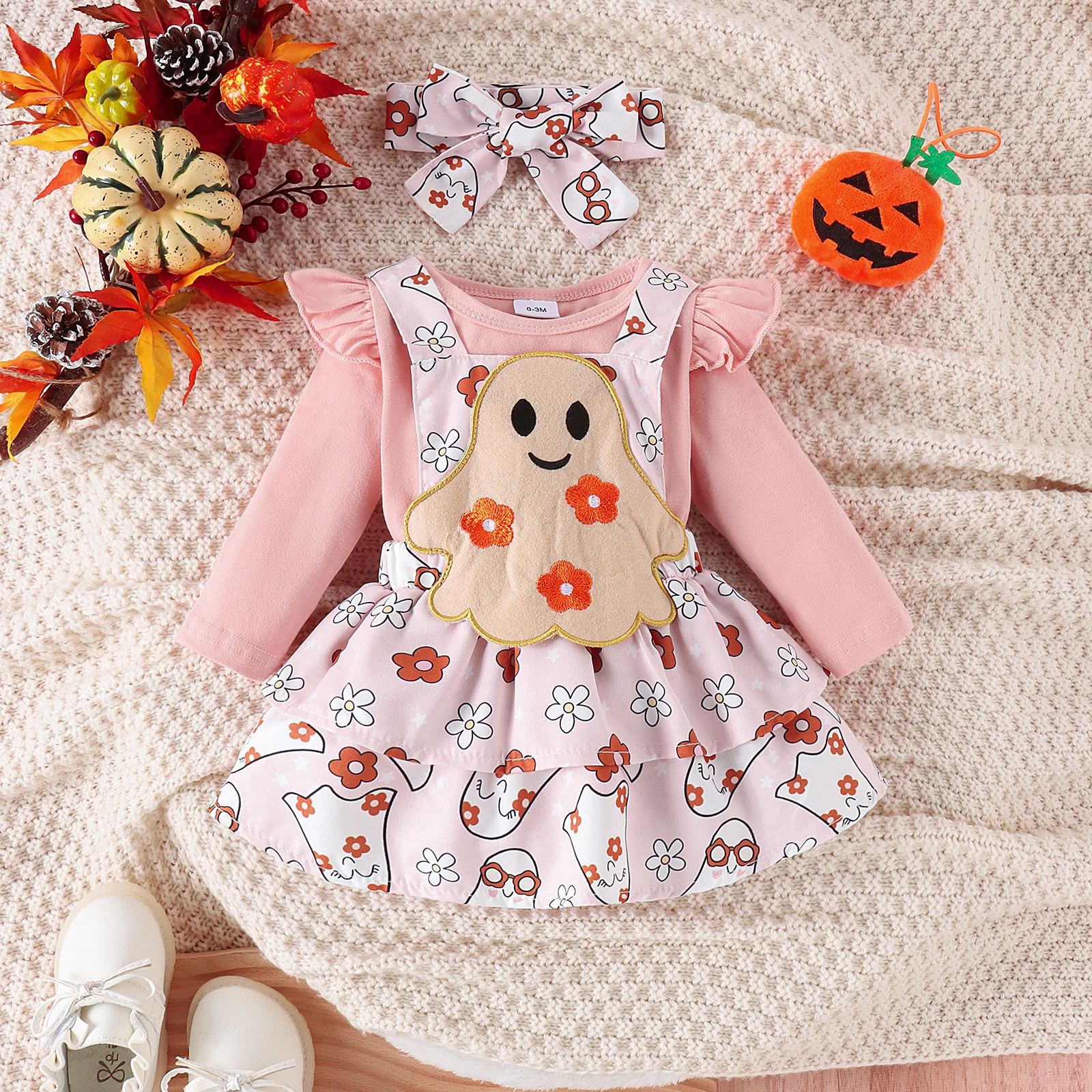 Halloween Newborn Baby Girls Clothes 3PCS Romper+Strap Dress+headband Sets Bat/Pumpkin/Ghost Embroidery Costume Outfits 0-18M