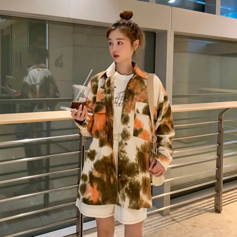 

Retro Hong Kong Style Gradient Long Sleeve Open Cardigan Shirt Women's Loose Fit Collarless Casual Shirt Female Teens Daily Wear