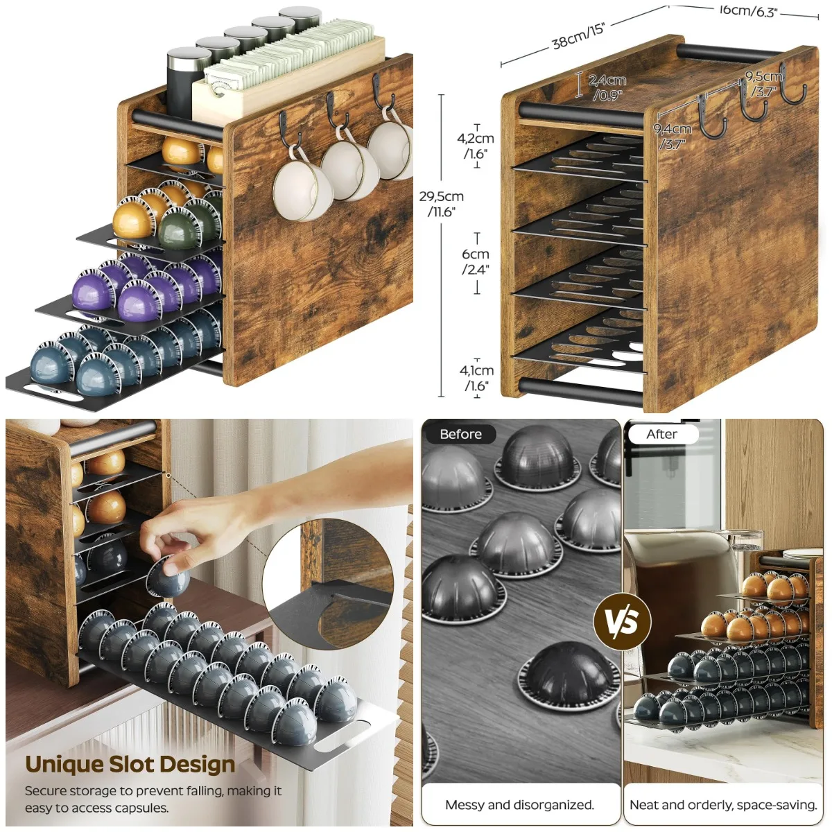 

Держатель для ящика для кофе 72-Pod, 4-уровневый органайзер Vertuo и Nespresso, коричневый в деревенском стиле, компактная полка для хранения