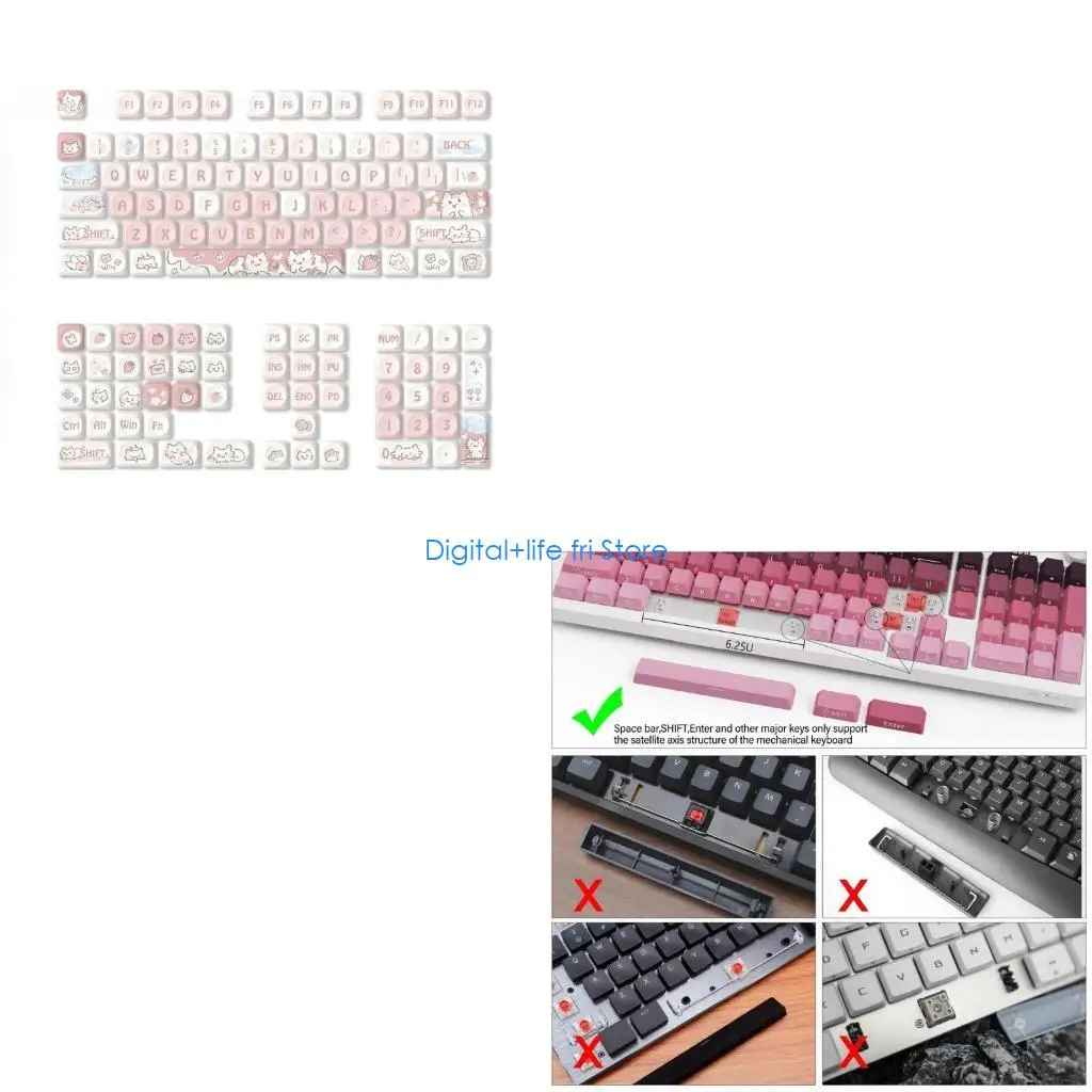 E06D MOA Height Keycaps 132Piece Heat Sublimated Color Strawberry Kitten Keycaps Set