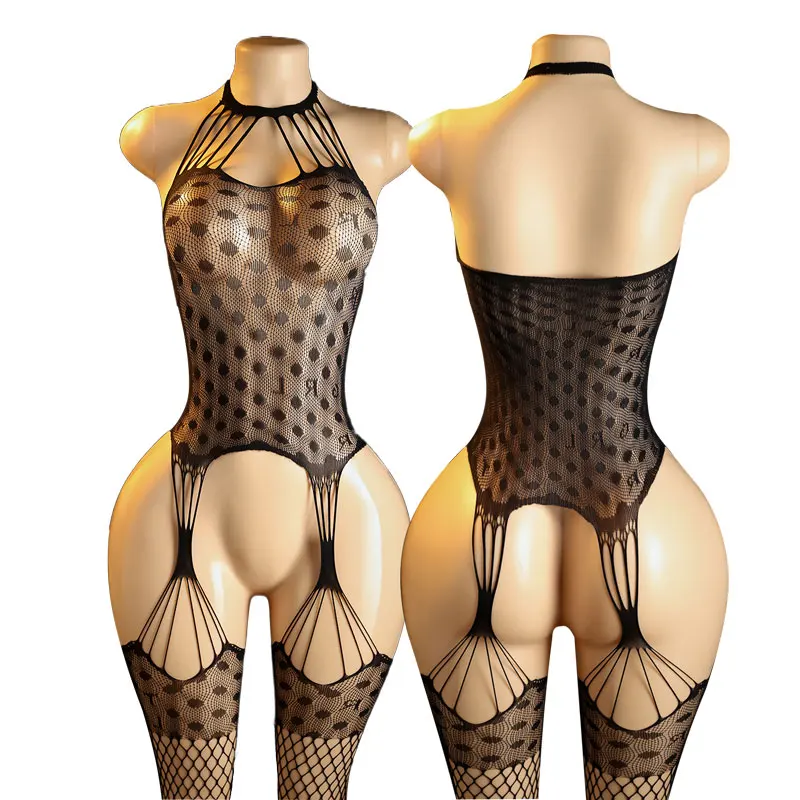 Heißer Dot Damen Bodystocking Schrittoffene Kühne Sex-Lingerie Schwarze Strumpfhose Offener BH Erotik-Outfit Verführerische Unterwäsche