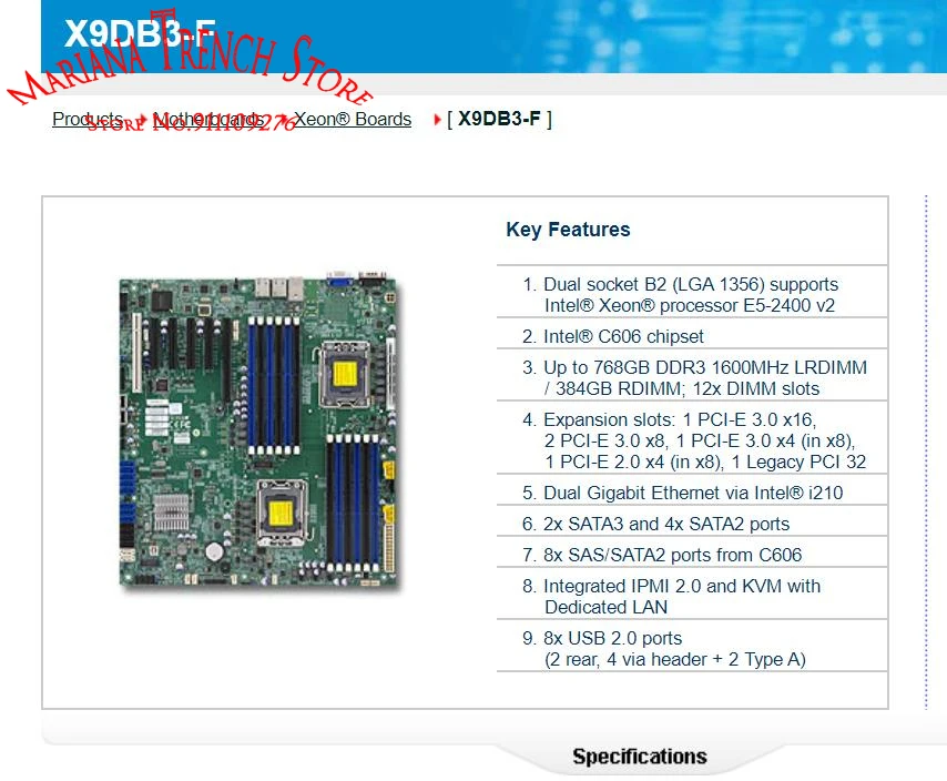 X9DB3-F Supermicro マザーボード LGA1356 Xeon プロセッサ E5-2400 v2 DDR3 8x SAS/SATA2 ポート C606 から