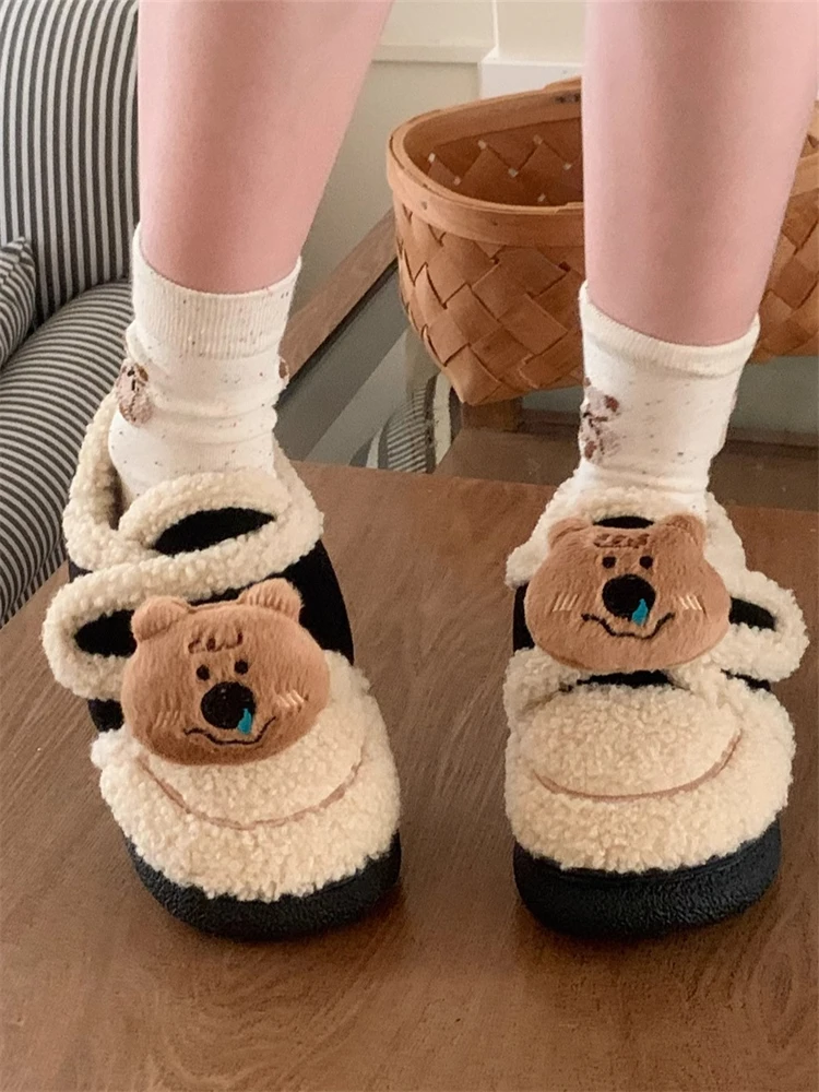 かわいいクマプリントビーンシューズクリエイティブマジックテープ閉鎖アウトドア冬レディースファッションローファー韓国スタイルベルベット素材