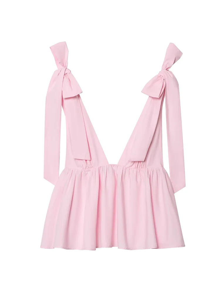 TFMLN المرأة الدانتيل يصل القوس حبال القمم موضة الصلبة مثير العميق الخامس الرقبة أكمام عارية الذراعين بلايز 2025 جديد أنيق ملابس الحفلات