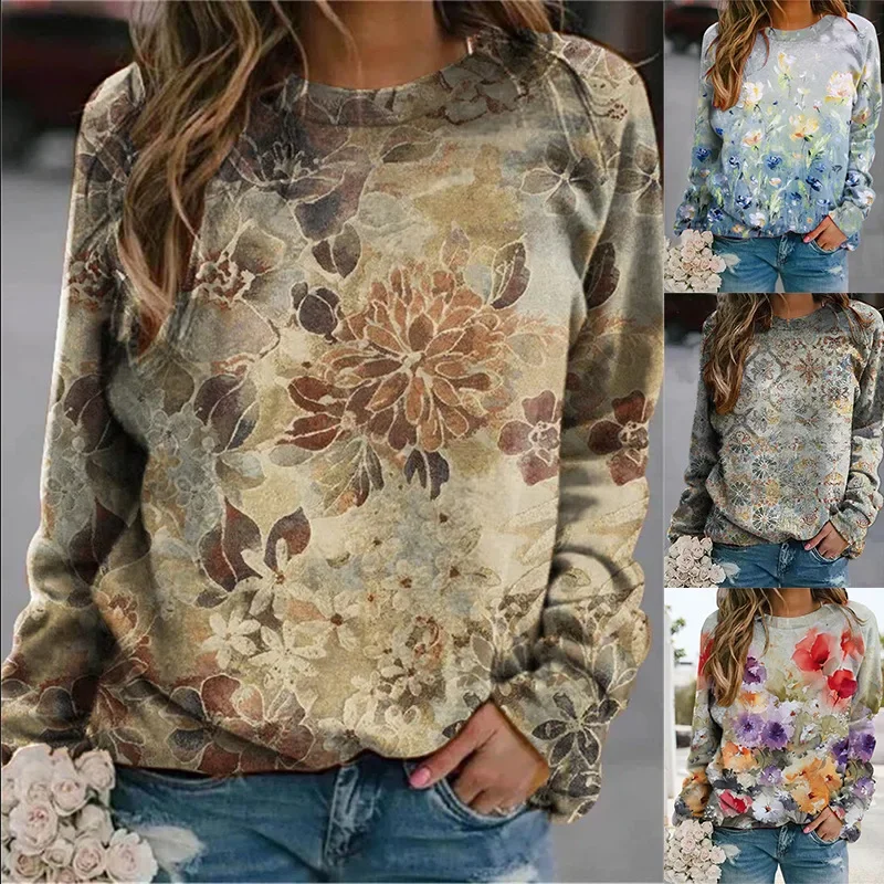 2023 autumn and winter floral loose print casual long-sleeved round neck sweatshirt  Oversize Hoodie Puff Print Hoodie For Women