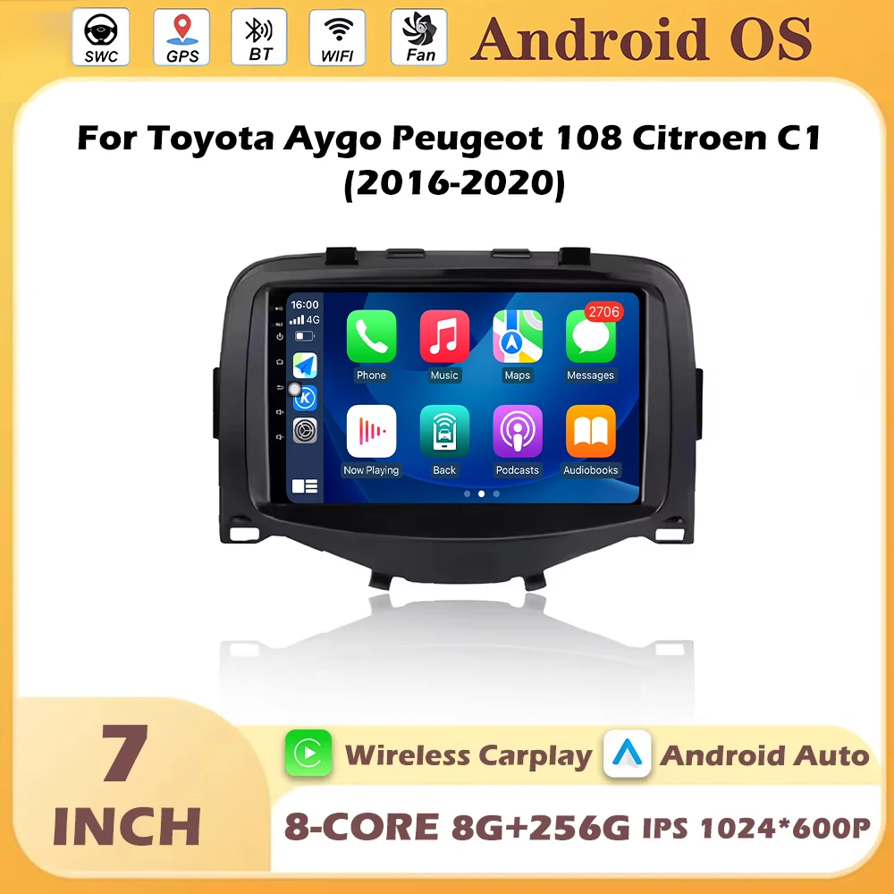 GPS Navigation 7 Inch Android Auto Wireless Carplay For Toyota Aygo Peugeot 108 Citroen C1 2016-2020 Bluetooth DSP Stereo DVR BT