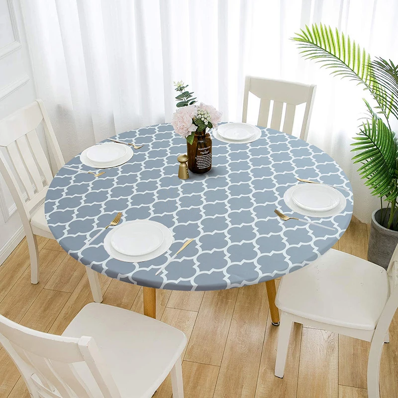 Round Non-slip Elastic Tablecloth Flower Print Classic Pattern Table Cloth Waterproof Cover Home Kitchen Dining Room Decoration