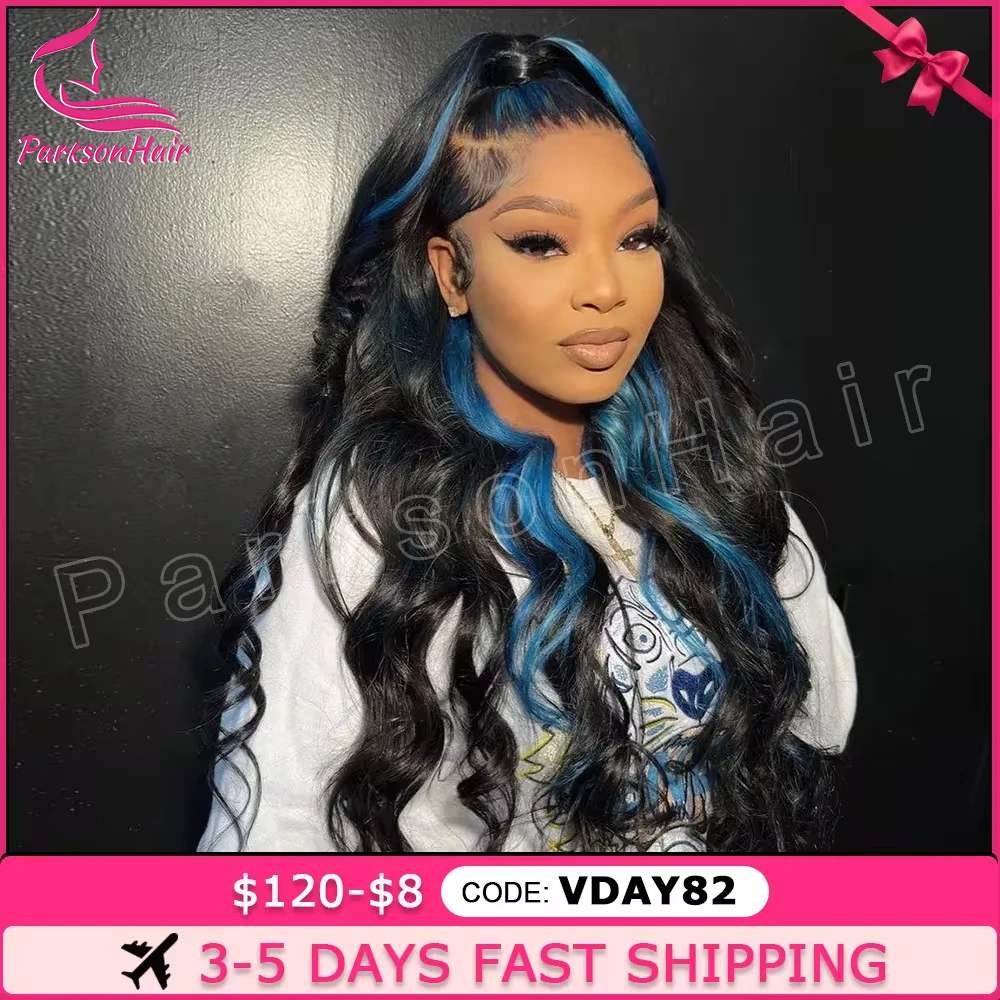 Blue With Black Highlight Wig 13x4 HD Lace Frontal  Human Hair Body Wave Wig Colored Human 13x6 HD Lace Remy Hair Wigs 250