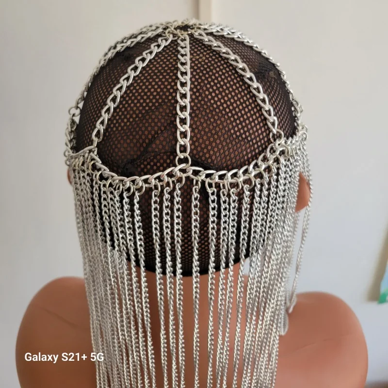 Damen Haarschmuck mit Quasten und Metallketten, Fransen-Kopfschmuck, hohles Netz-Kopfband für Nachtclub, Rave, Festival, Cosplay, Party, Körperkette – Detail 4