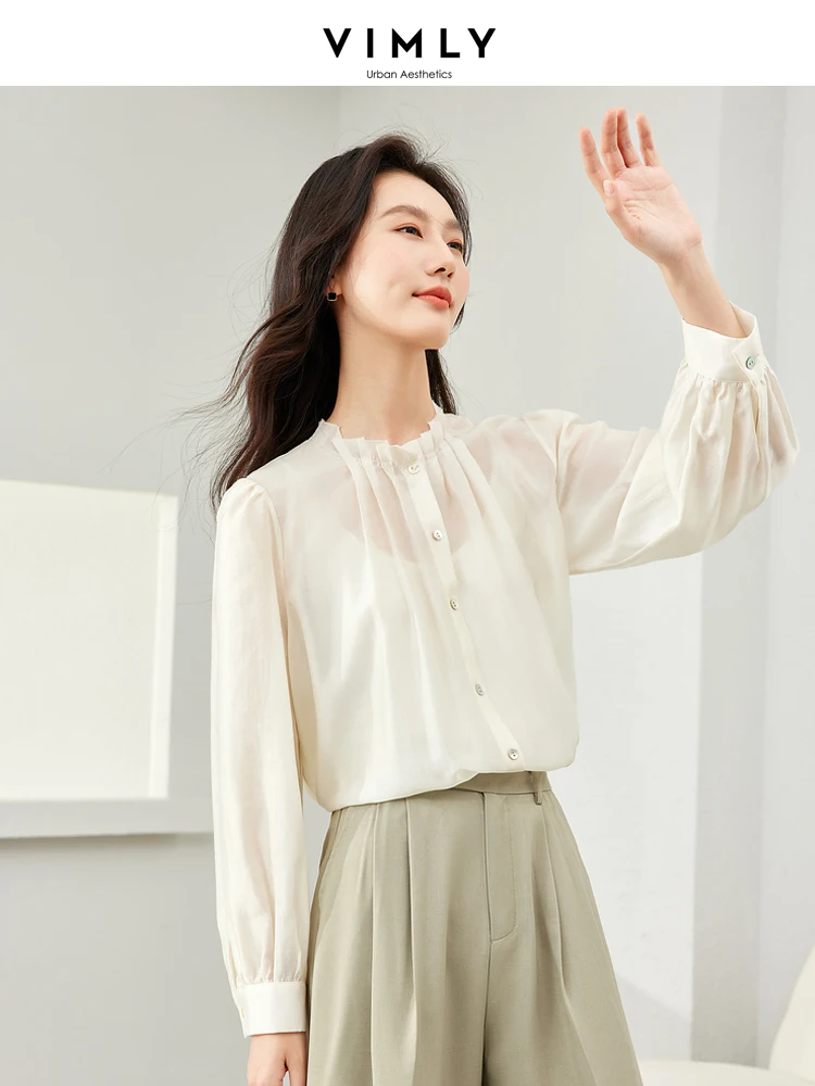 Vimly Elegant Lyocell Shirts for Women 2024 Spring Summer Fashion Apricot Puff Sleeve Button Up Shirts Female Blouse Tops 16551