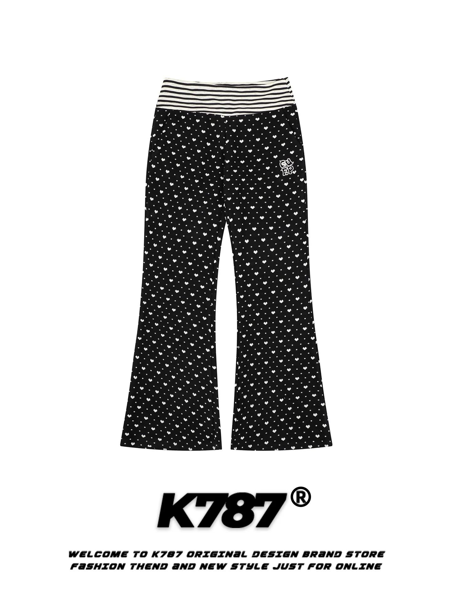 

Женские повседневные брюки K787 в американском винтажном стиле с принтом в виде сердец, расклешенные, с полосатым поясом, утягивающие, молодежные, с высокой талией, в пол