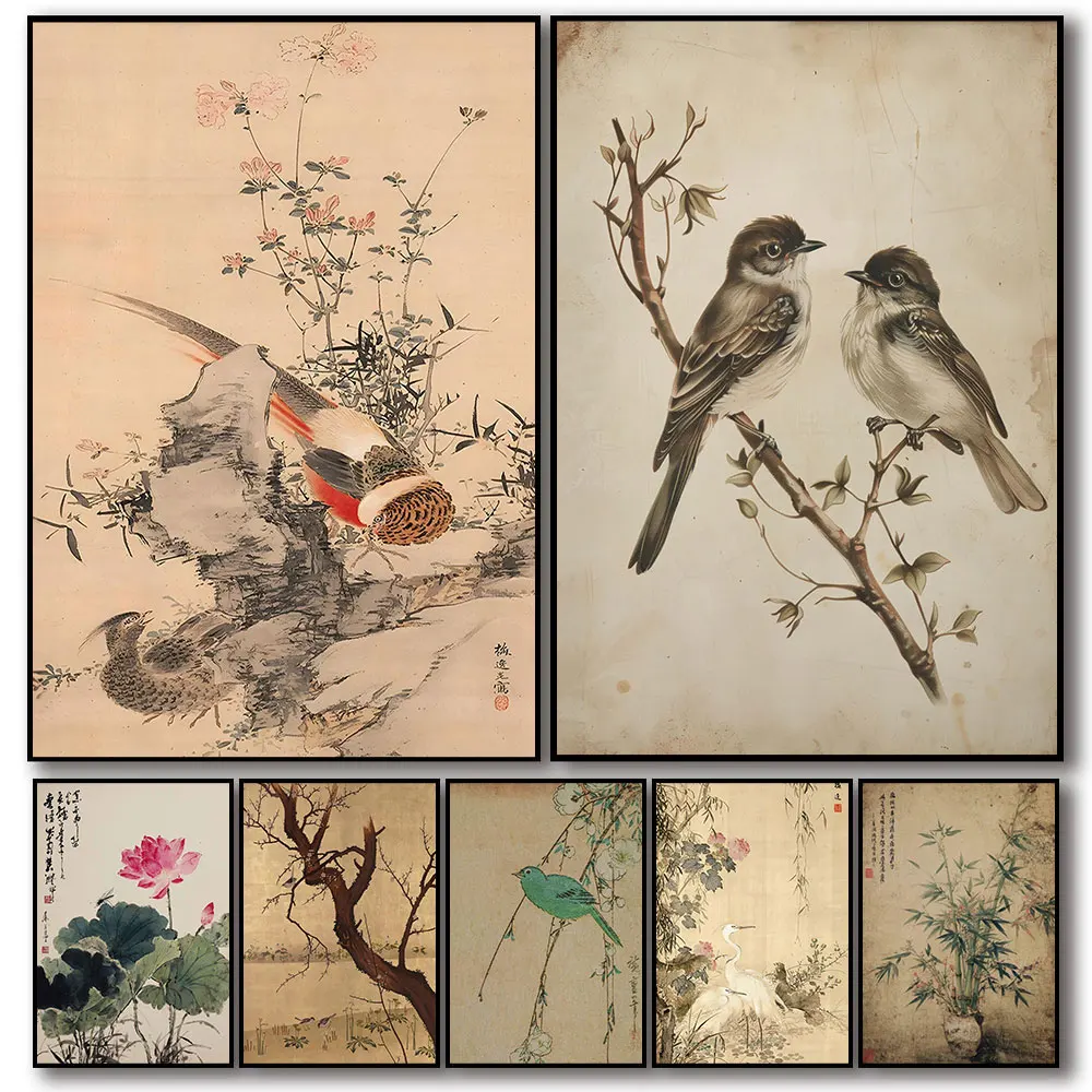 Vintage Flower and Pheasants Painting Traditional Asian Poster Canvas Print Wall Art Bedroom Study Studio Living Room Home Decor