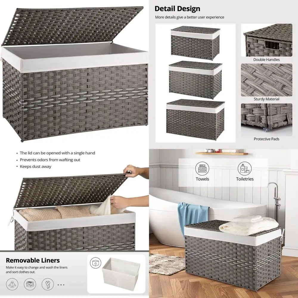 

Складная плетеная корзина емкостью 42,3 галлона со съемным вкладышем и крышкой для хранения в спальне, серая
