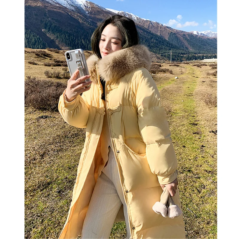 Yellow Down Jacket Women Hooded Coat Keep Thickening Warm Fashion Streetwear Duck Down Feather Female 2024 Winter Long Outwear