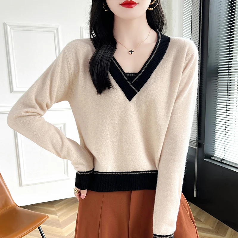 New Autumn Winter Pullover T Shirt V-Neck 100%Pure Cashmere Sweater Women's Long Sleeved Sweater Loose Color Blocking Sweatshirt