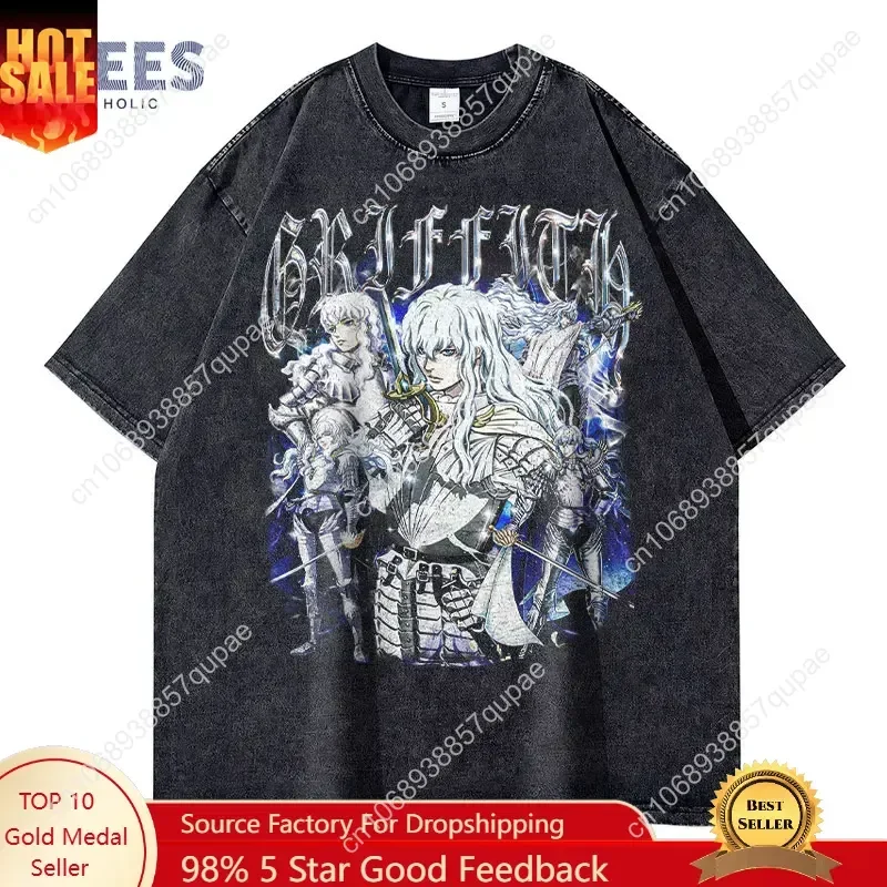 

Griffith T-shirts Oversized Streetwear Vintage Washed Anime Kenpuu Denki T Shirt Short Sleeve Retro Manga Guts Tops Tees Men