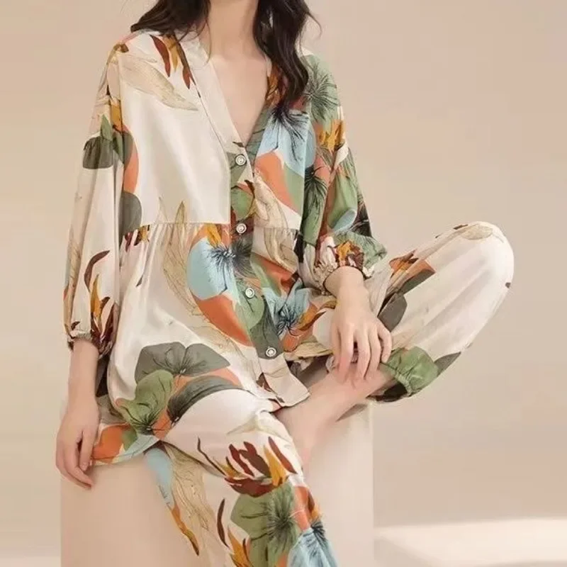 Cotton Sleepwear Big Size Cardigan Seven-minute Pants Two-piece Print Loungewear Pajama Sets Summer Nightwear Korean Fashion