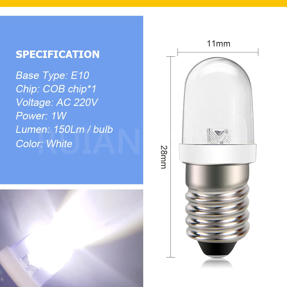 RUIANDSION 2X E10 F5 Screw Base Led Bulb AC 220V 230V 6000K 4300K Warm White Instrument Machine Tool Indicator Illumination 1W - view 6
