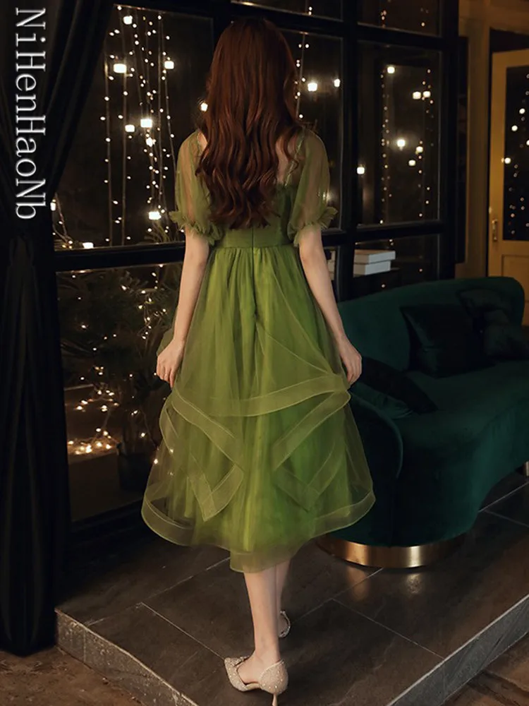 Fairy Green Evening Dresses Ruffles Layers Party Prom Gown Vestidos Para Mujer