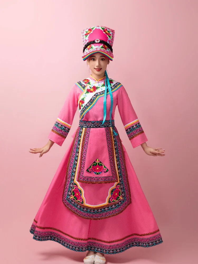 

Qiang Costume Female Sichuan Yi Bamboo Dance Erma Minority Traditional Performance Dress Suit