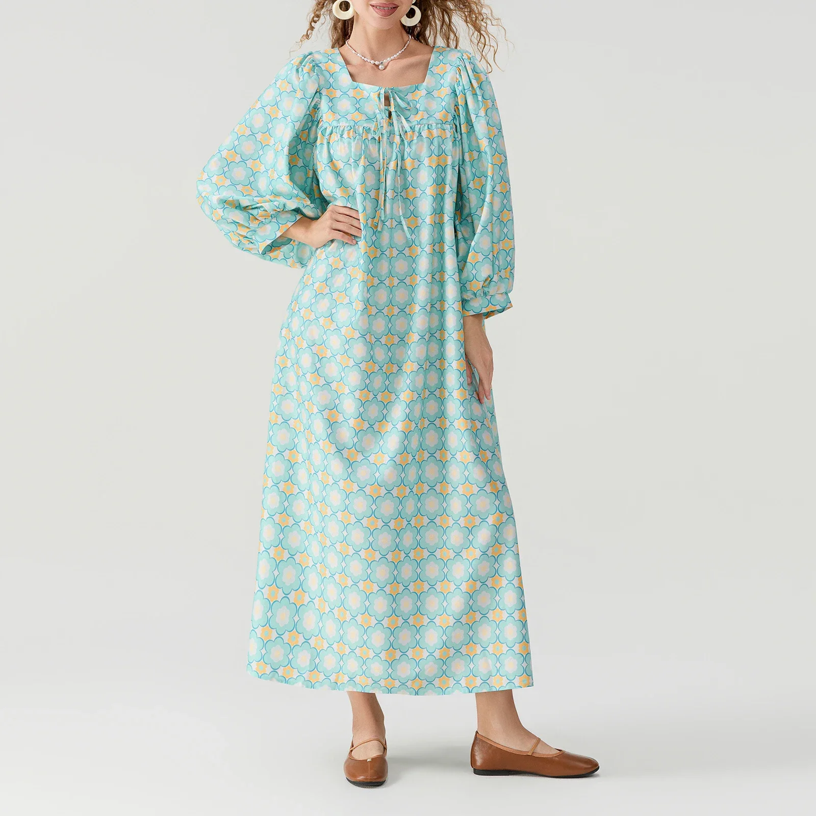 Robe bohème à manches longues pour femme, imprimé floral décontracté, col carré, robe de soirée A-Line pour la plage, les vacances, le club Streetwear