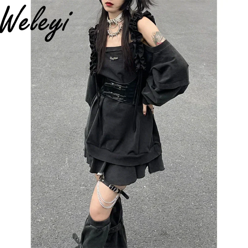 Harajuku Y2K Punk Loose Hoodies Dress Two Pieces Suit Women Socks Grey T-shirts Vestidos Long Sleeve College Girls Dresses Sets