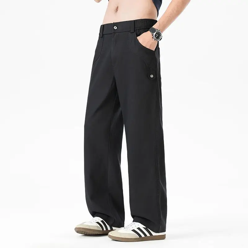 2026 New Summer Men's Straight Loose Casual Pants Lyocell Polyester Blend Elastic Back Waist Button Pocket Lightweight Breathabl