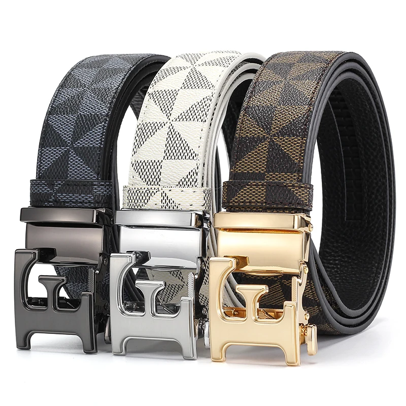 

Men's Fashion Automatic Buckle Belt Luxury Plaid Print PU Leather Belt Business Casual Designer Waist Belts for Men