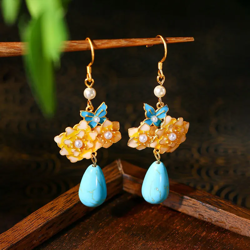 

Chinese Classical Style Flower Silk Burning Blue Butterfly Love Flower Blue Turquoise Women's Earrings Retro Accessories