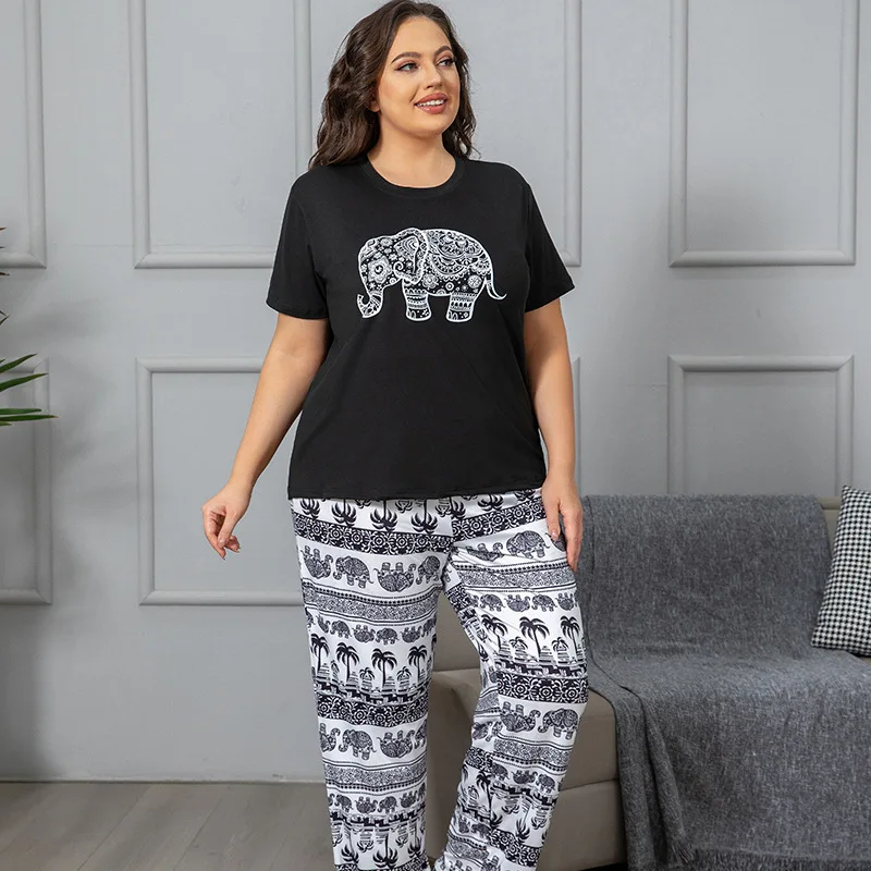 

2025 New plus Size Women's Sleepwear Set Short Sleeve Long Pants Comfortable Milk Silk Home Clothes European Style Summer Outfit