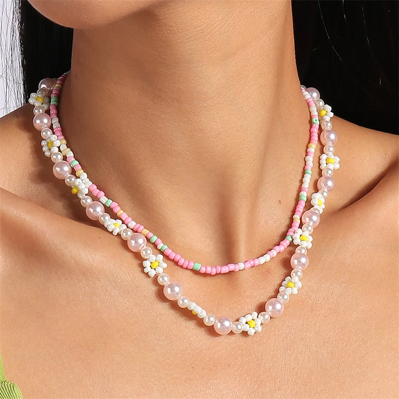 2 Teile/satz Mode Bunte Perlen Halsketten für Frauen Handgemachte Blume Perlen Choker Halsketten Mädchen Party Festival Schmuck Gifs – Detail 2