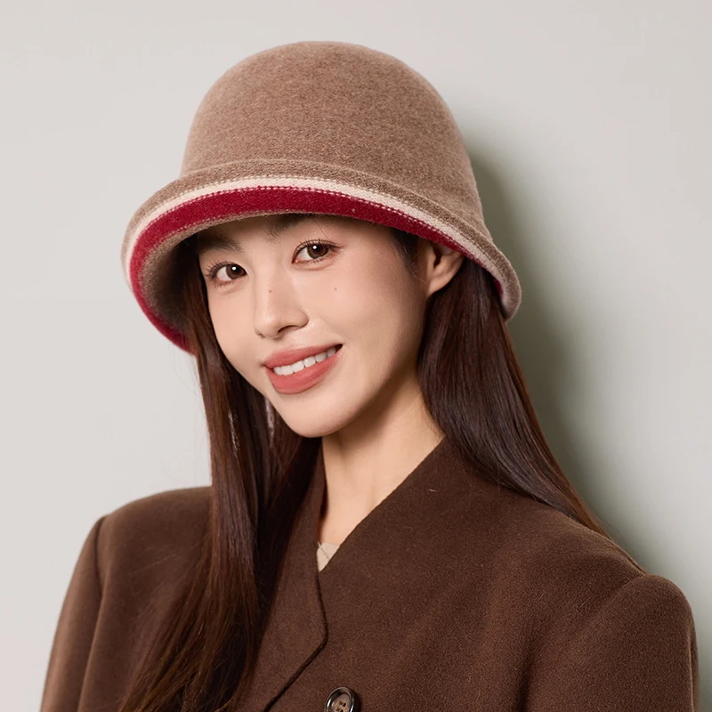 Fashion Women’s Winter Warm Wool Bucket Hat Ladies Elegant Vintage Hepburn Style Designer Colorblock Rolled Brim Panama Cap