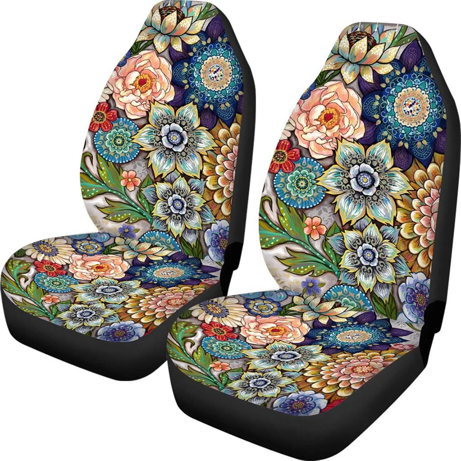 Bright Blossoms Colorful Boho Floral Print Car Seat Covers for Women Universal Auto Front Seats Protector