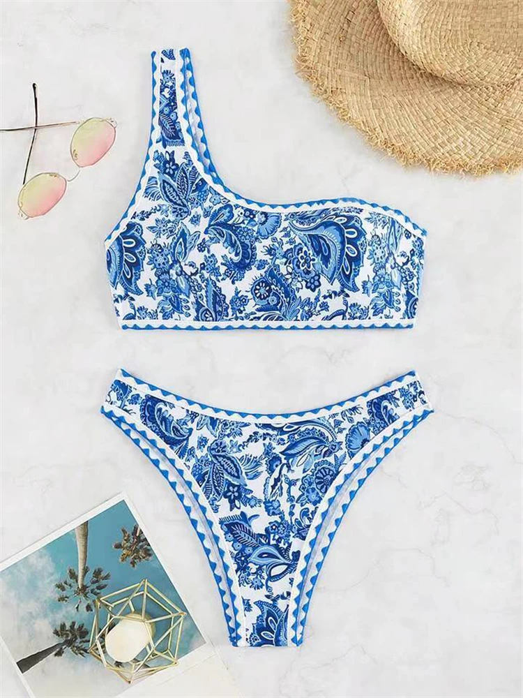 Bikini Women Swimsuit 2024 New Print High Waist Bikinis Set Sexy One Shoulder Swimwear Summer 2 Piece Beach Bathing Suit Female