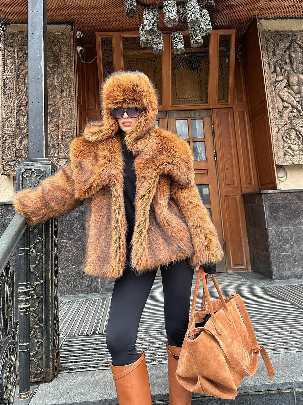 Laur 2026 Women Faux Fur Jacket Large Shawl Collar Short Coat, Winter Warm Fluffy Loose Oversized Fashion Outerwear Streetwear
