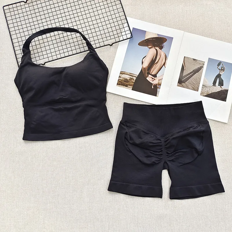 Damen-Sport-BH-Set mit Halsband, schöner Rücken, Yoga-Anzug, zweiteiliges Top, hochtailliertes, hüftformendes Fitness- und Gym-Set, Shorts-Sets – Detail 4