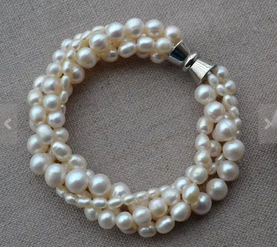 

White Pearl Bracelet,4Rows 8'' 3-8mm Freshwater Pearl Jewelry,Bridesmaids Gifts,Maid Of Honor,Wedding Jewelry,Perfect Lady Gift