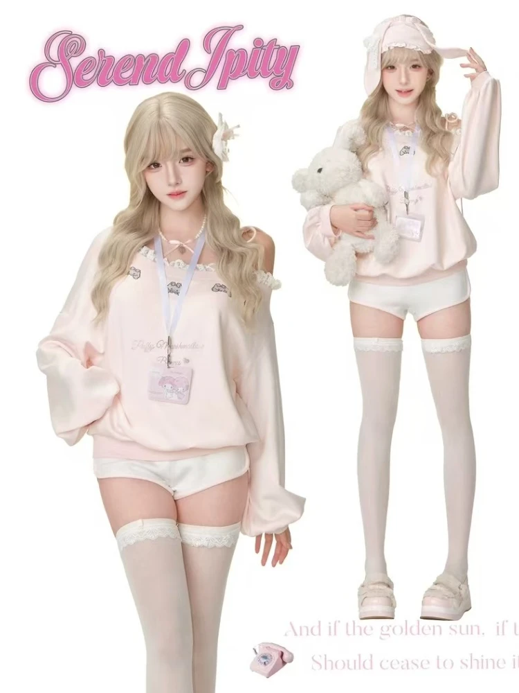Spring Japanese Sweet Kawaii Retro Sweatshirt Women Lace Irregular Design Long Sleeve Tops Female Chic Korean Popular Clothes