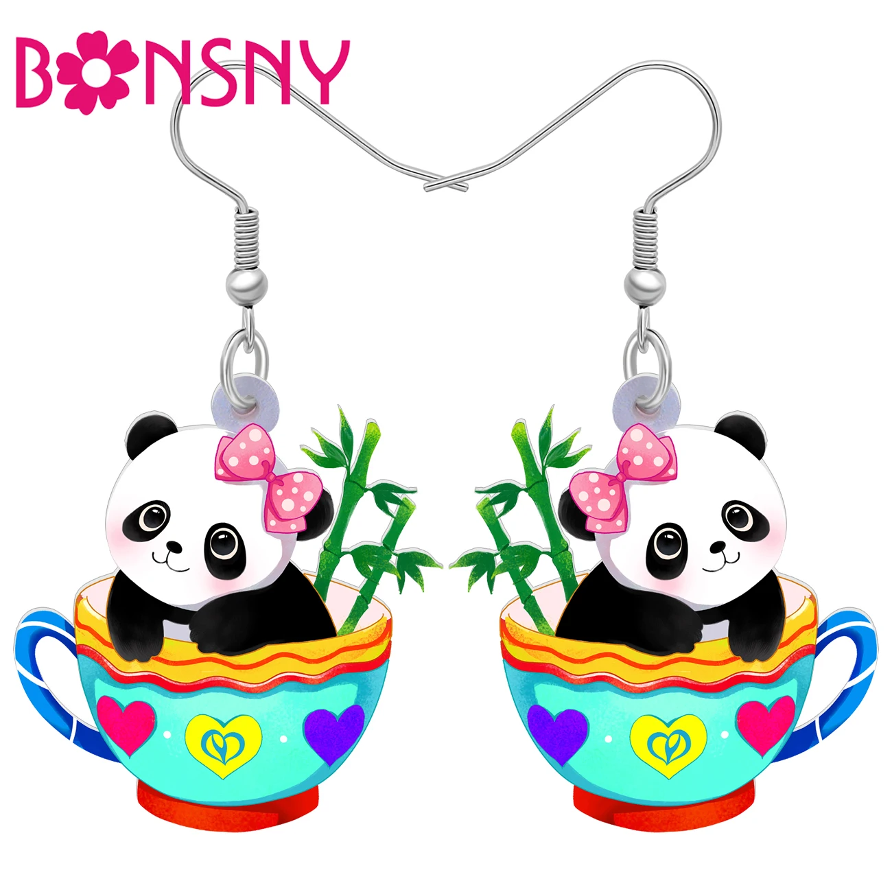 Bonsny Acrylic Valentines Day Cute Bamboo Cup Panda Earrings Sweet Dangle Drop Charms Fashion Jewelry For Girls Gift Accessories