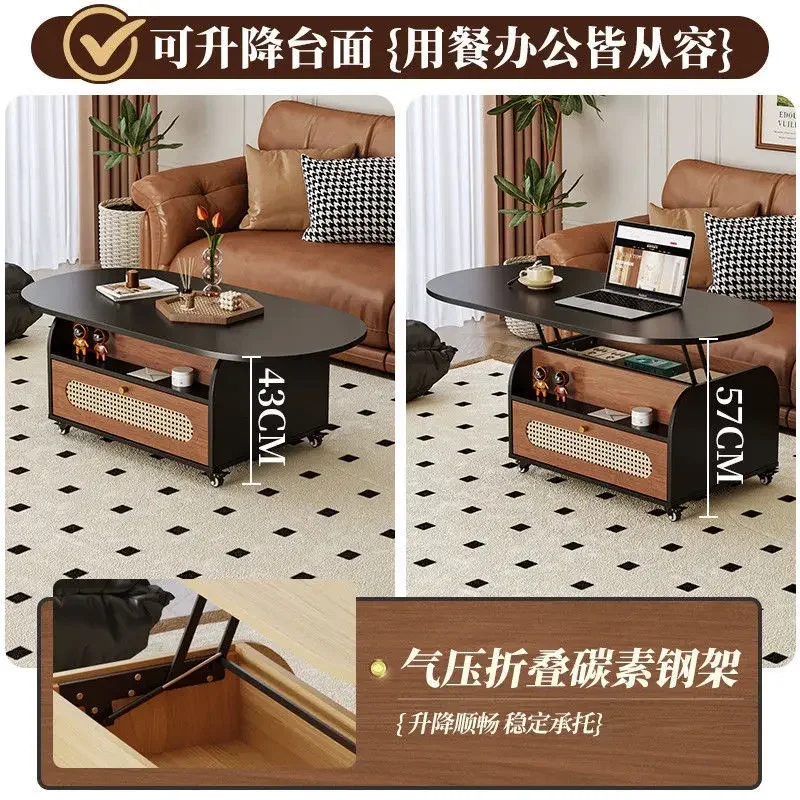 Medieval style movable lifting coffee table solid wood household double-sided storage small apartment coffee table