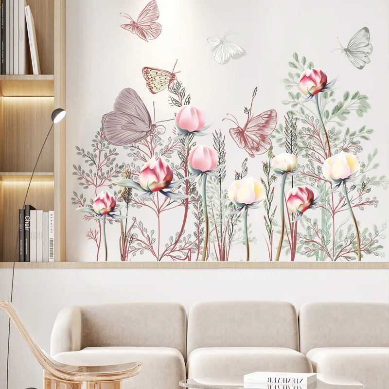 Painted Elegant and Warm Butterfly Flowers Living Room Bedroom Porch Home Decoration Wall Stickers Self-adhesive Wall Decoration