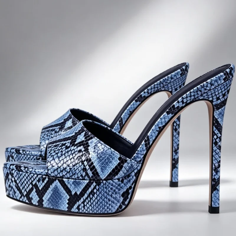 

Sexy Snake Print Leather Platform Mules Sandals Open Toe Stiletto High Heeled Party Slide Shoes Black White Blue